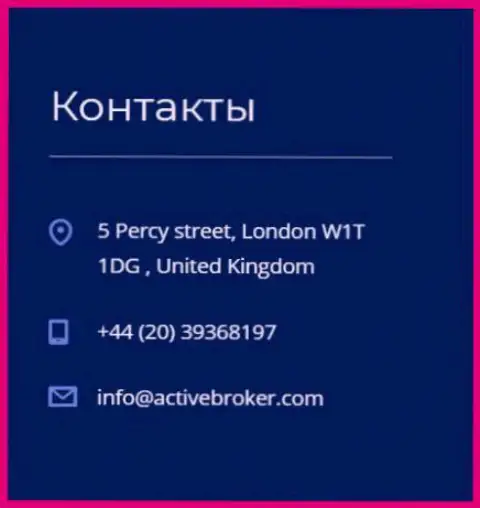Адрес главного офиса Forex компании Актив Брокер, показанный на официальном портале данного ФОРЕКС дилингового центра